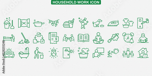 Collection of Green Household Work Icons, Line Art, Daily Routine, Home Chores on Transparent Background