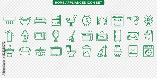 Home Appliances Green Outline Icons, Air Conditioner, Bathtub, Bed, Transparent