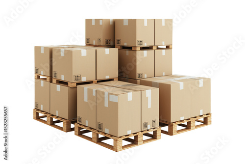 Set of cardboard boxes on pallets isolated on white or transparent background — perfect for logistics, shipping, warehouse, storage, and supply chain visuals.