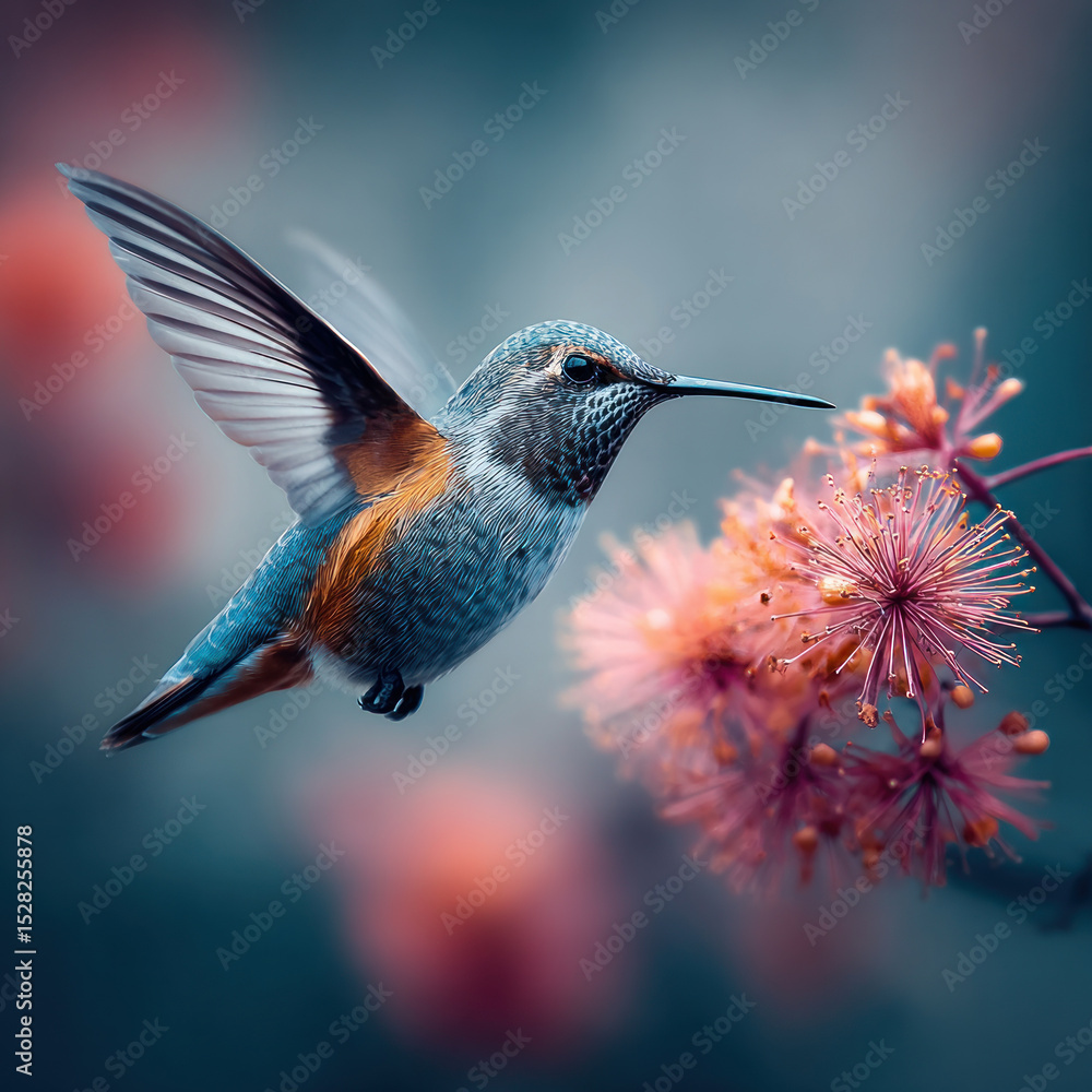 Fototapeta premium A hummingbird with iridescent feathers hovers delicately by bright pink flowers, illuminated by soft evening light