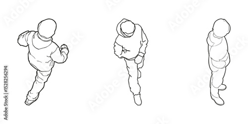 People Outlines In Motion Isometric View Outline Set. Walking, Running, Standing Silhouettes. Urban Planning And Design. Isolated Vector Illustration