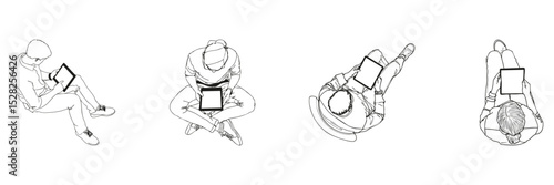 People Using Tablets In Various Seated Positions Top View Outline Set. Digital Interaction Line Collection. Technology And Lifestyle. Isolated Vector Illustration