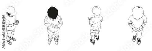 Children Top View Outline Set. Various Activities And Poses Line Collection. Educational And Design Use. Isolated Vector Illustration