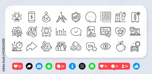 Charging station, Inflation and Smartphone payment line icons pack. Social media: share, comment, like icons. Share, Food delivery, Growth chart web icon. Vector