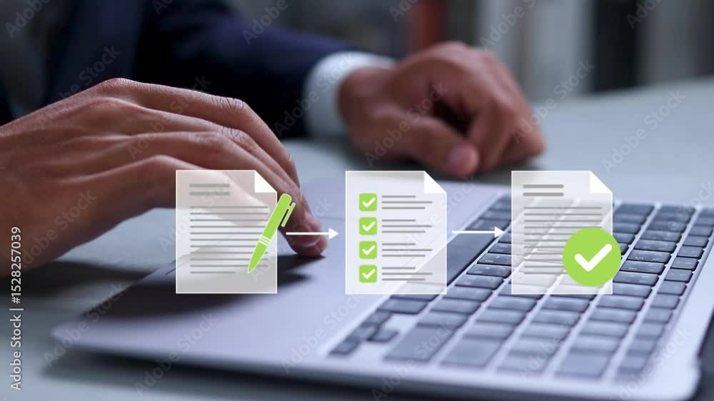 Approved document concept for business process workflow illustrating management approval and and project approve.