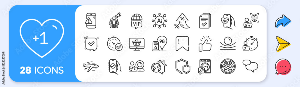 Obraz premium Video conference, Vip internet and Computer fingerprint line icons. Interest rate, AI generate, Inflation icons. Pack of Airplane, Web shop, Warning message icon. Vector