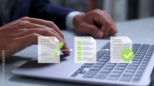 Approved document concept for business process workflow illustrating management approval and and project approve.