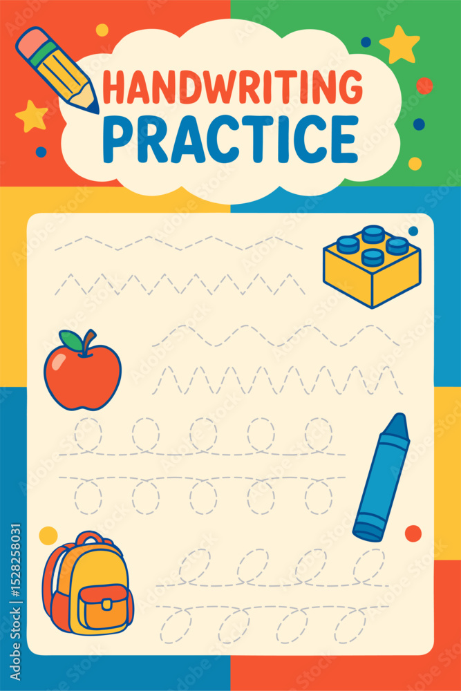 Obraz premium A colorful handwriting practice sheet with dotted lines, featuring a pencil, apple, backpack, crayon, and toy block, ideal for educational and kids' design projects.