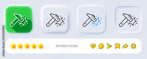 Hammer blow line icon. Neumorphic, Flat shadow, 3d buttons. Crash protection sign. Repair tool symbol. Line hammer blow icon. Social media icons. Vector