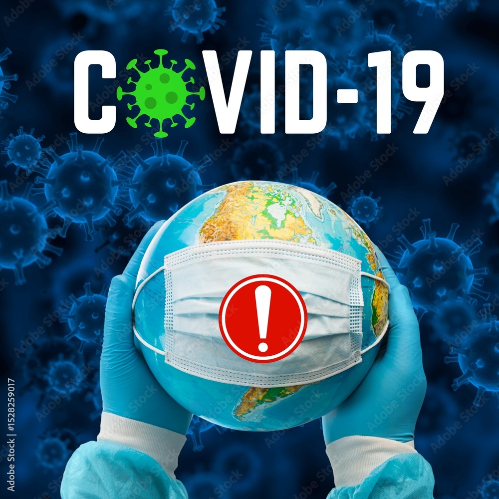 Fototapeta premium Conceptual COVID-19 Pandemic Illustration: World Globe Wearing Face Mask Held by Medical Hands Global Health Crisis Warning