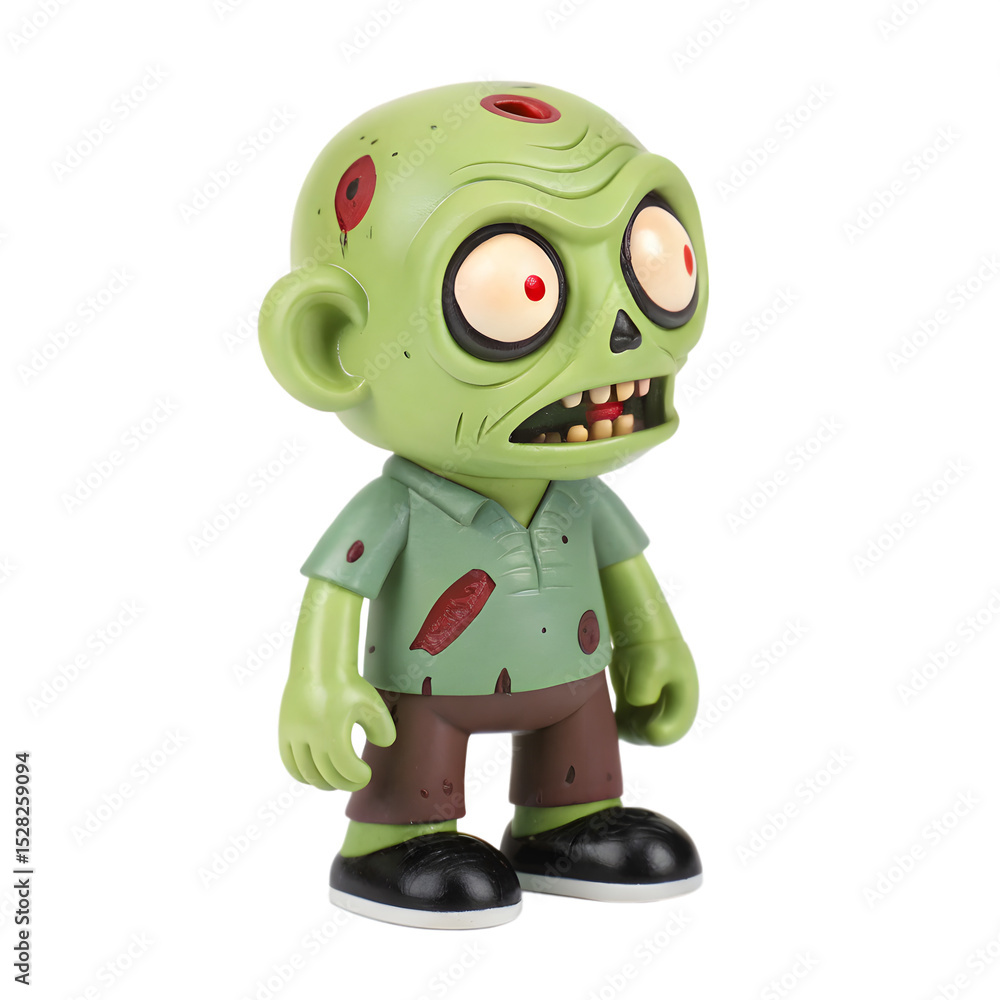 Obraz premium Grotesque yet charming zombie figurine, a playful undead collectible. Its green skin, blood splatters, and goofy grin create a unique character.