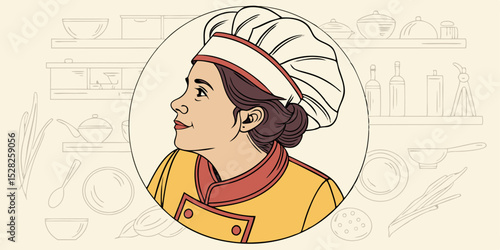 A charming chef profile illustration perfect for restaurant branding menus cookbook design or culinary websites featuring a woman in a chef hat