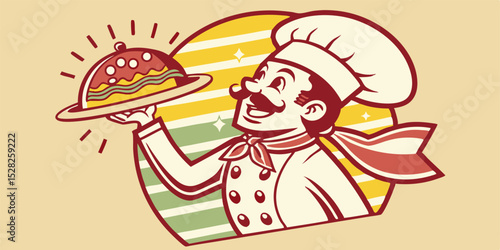 Delightful Retro Chef Serving Delicious Food A Scalable Graphic Perfect for Restaurant Branding and Menu Design