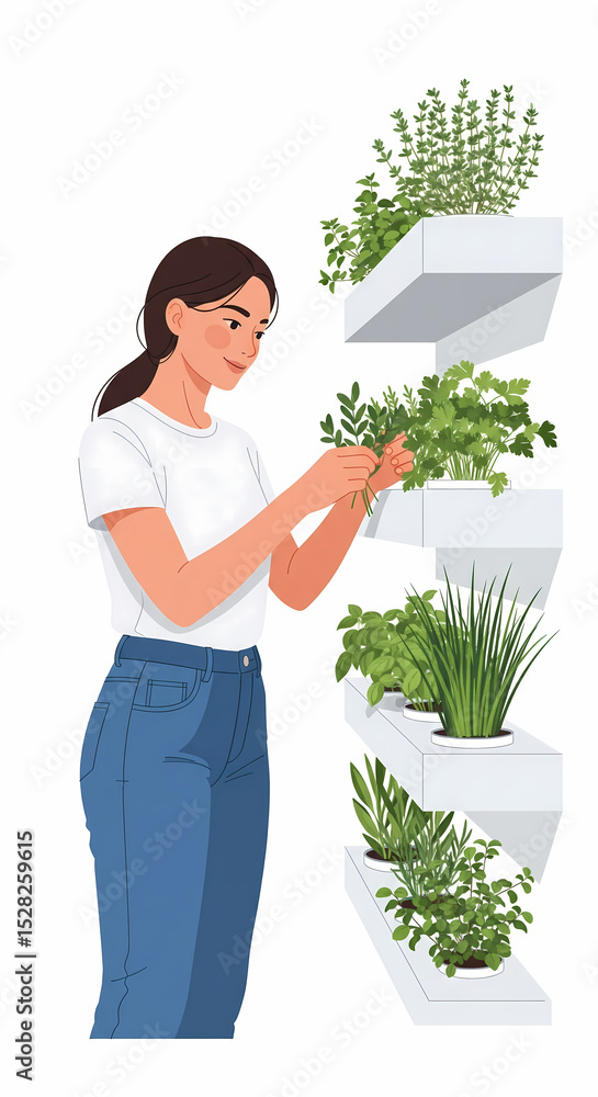 Woman Harvesting Fresh Herbs in Vertical Garden - Home Hydroponics Woman Harvesting Fresh Herbs in Vertical Garden - Home Hydroponics