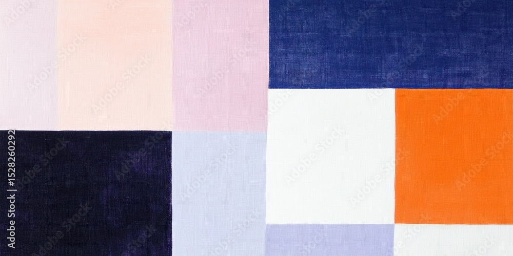 Fototapeta premium Bold geometric color blocks in a wide horizontal layout. Navy, orange, white, and pastel panels with clean edges. Modern balance and creative strategy. Use for branding headers and business