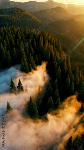 Rolling Fog Over Pine Forest Mountains at Sunrise