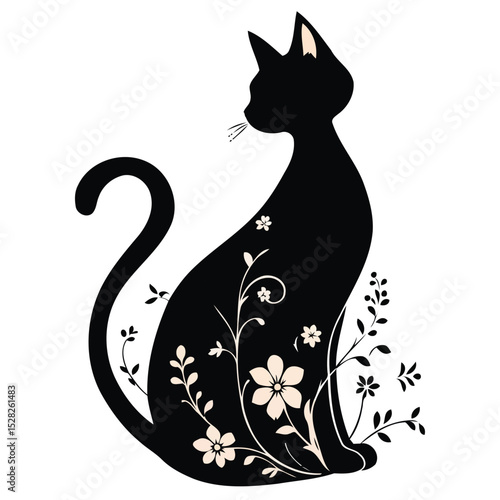 black cat and floral swirls, vector silhouette