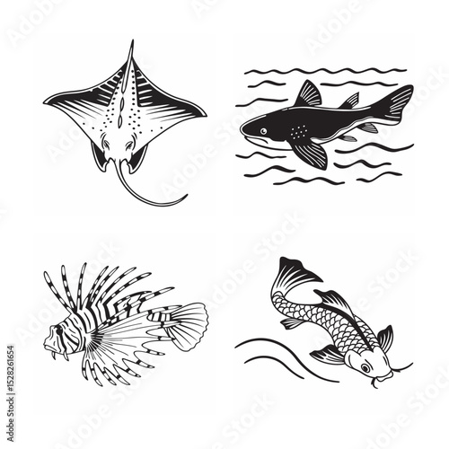 line art of marine fish on the white background