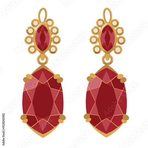 Elegant red gemstone earrings with gold accents on a transparent background  