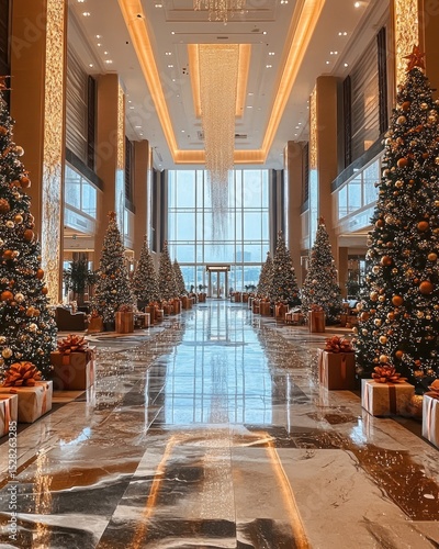 Grand hotel lobby, Christmas decorated