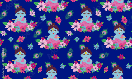 little krishna seamless pattern with flowers and peacock feathers on dark blue background janmashtami