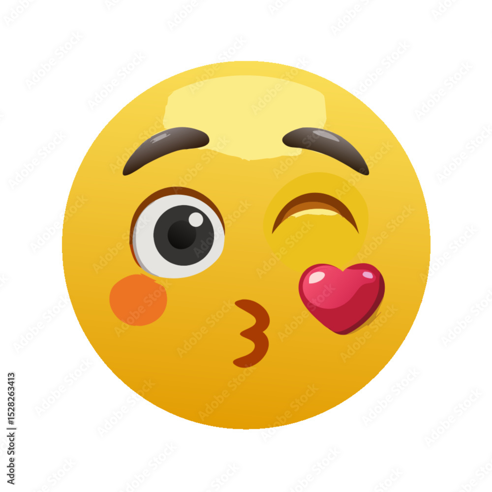 Fototapeta premium Emoji happy with kiss marks on his cheeks. Emotion 3d cartoon icon. Yellow round emoticon. Vector illustration
