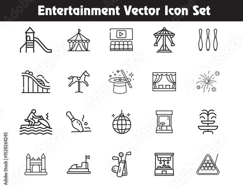 Entertainment Vector Icon Set: A comprehensive vector icon set perfect for projects related to entertainment and leisure, showcasing various elements related to fun and amusement. 