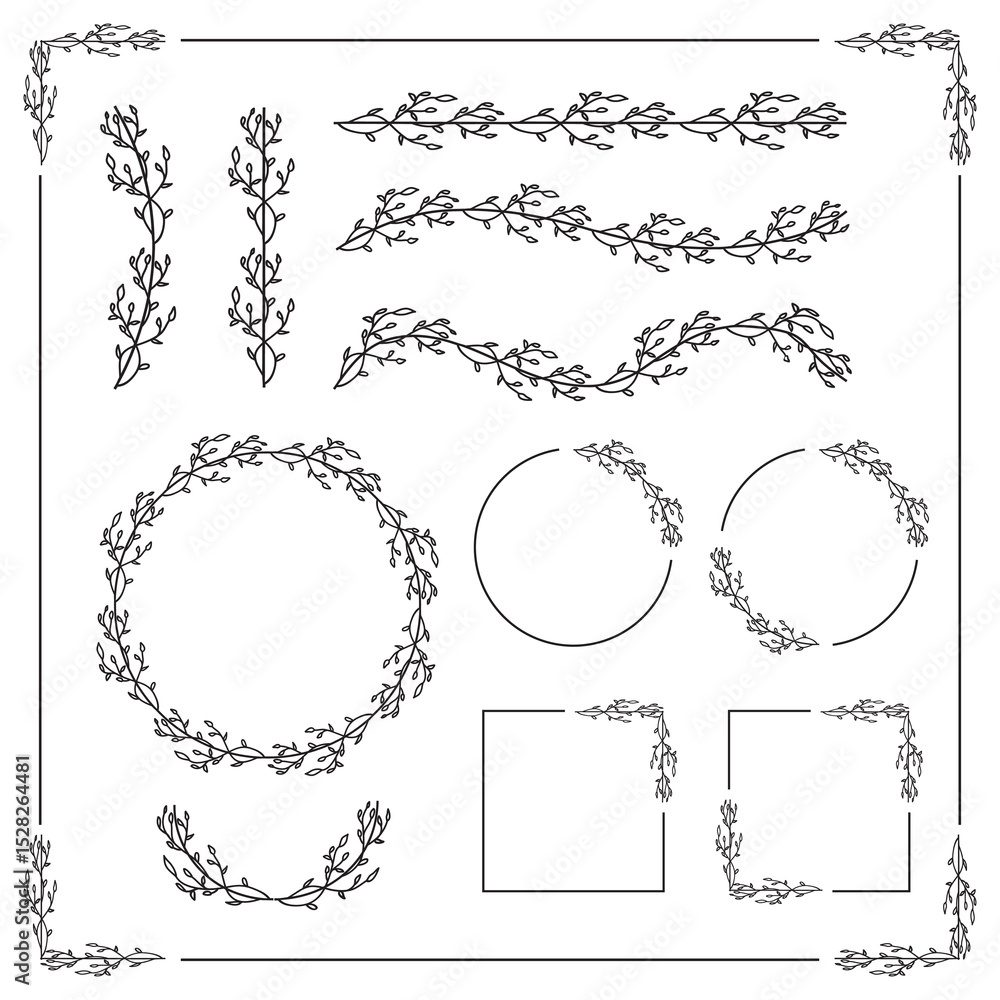Obraz premium Elegant floral frames with hand drawn silhouettes of branches and leaves. Vector flower wreaths for labels, corporate identity, wedding invitation, logo, certificate, sticker