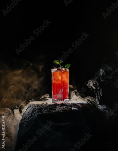 Elegant red cocktail with ice and mint garnish stands on a dark stone surrounded by dramatic smoke, set against a black background. Perfect for bar, menu, or drink promotion.