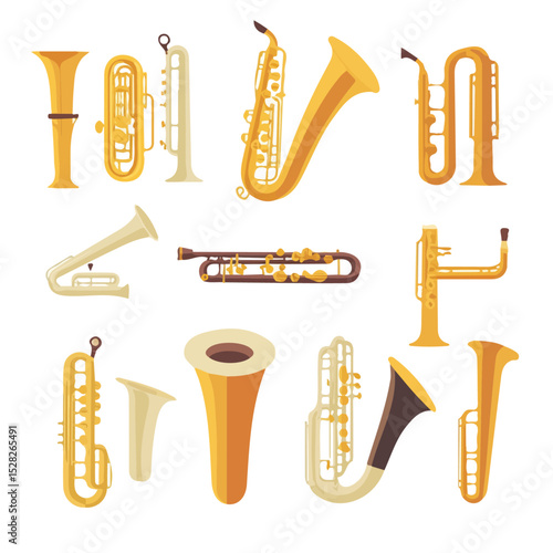 2D flat vector illustration of Woodwind Instruments, isolated on a white background.