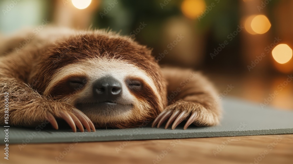 Obraz premium A peaceful sloth resting with a serene smile, embodying tranquility and relaxation, perfectly captured in a cozy setting filled with soft warm light and natural beauty.