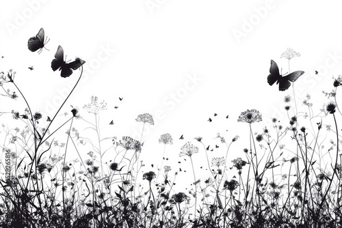 Silhouettes of butterflies and wildflowers against a white background.