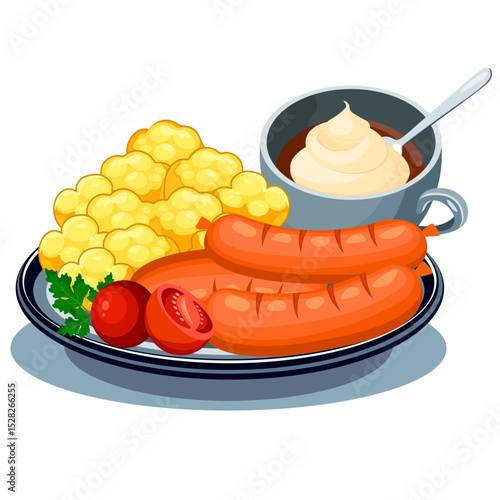 food on a plate sausages coffee in a cup