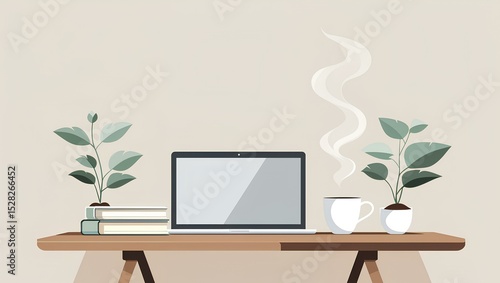 Flat vector of a minimalist home office desk setup with laptop, books, coffee cup, potted plants, and neutral background