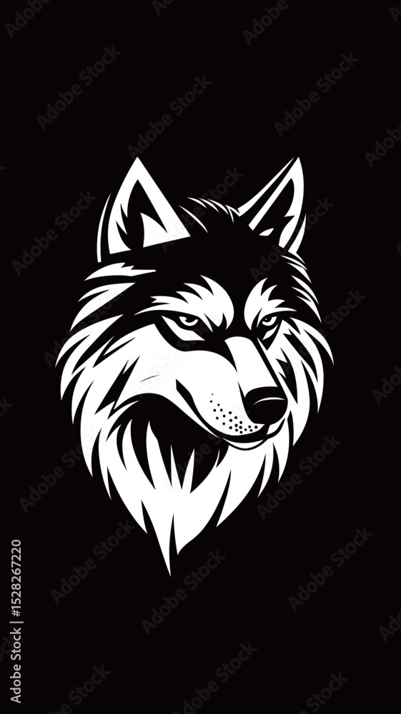 Obraz premium Bold black and white wolf head illustration with sharp eyes and detailed fur in minimalist flat vector style on dark background for logo or emblem design