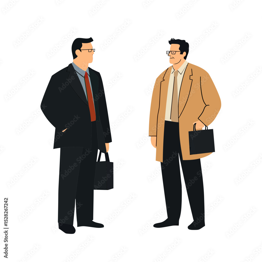 Two professional businessmen in suits holding briefcases standing and conversing isolated on white background flat vector illustration Two professional businessmen in suits holding briefcases standing and conversing isolated on white background flat vector illustration