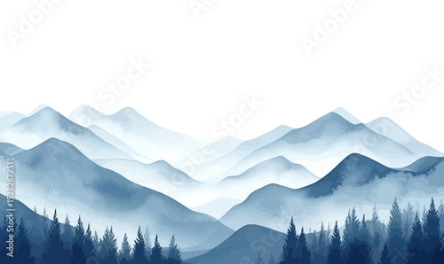 Serene layered mountain landscape with misty blue peaks and dense spruce forest silhouette minimalistic watercolor vector illustration horizontal border design