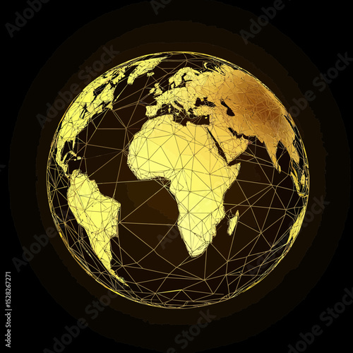 Golden low poly wireframe globe Earth with continents Africa Europe Asia illuminated on dark background 3D vector illustration world map concept