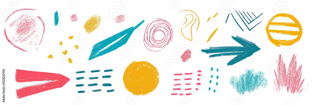 Fototapeta premium Abstract colorful hand drawn crayon brush strokes and arrow shapes with textured doodle style minimalist vector design elements on white background for creative projects and backgrounds