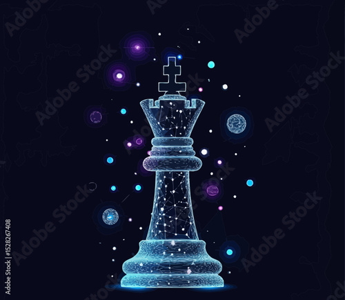 Futuristic digital king chess piece with glowing starry space network and cosmic planets abstract technology concept background vector illustration
