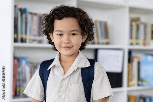 Portrait of a Smiling Schoolboy with Backpack in Library