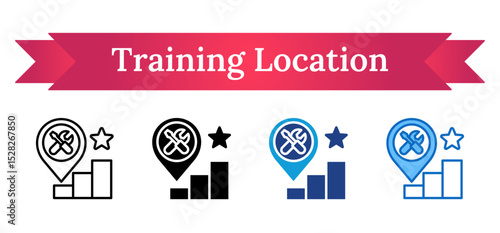 Training Location Multi Style - Pinpoint, bar chart, and star symbolizing trainee performance tracking by location or branch
