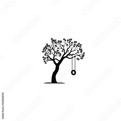 A silhouette of a tree and a tire swing hanging below on white background