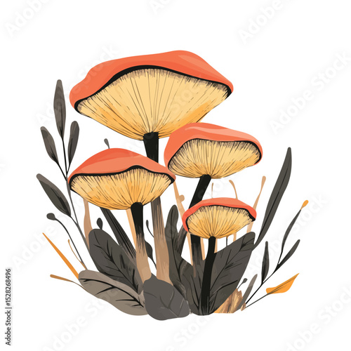 Wild Mushrooms Cluster Grow 2D flat vector illustration, isolated on a white background.
