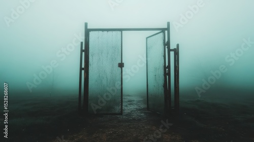 An eerie, open gate stands in a foggy landscape, evoking a sense of mystery and curiosity, inviting viewers to ponder what lies beyond the threshold in this atmospheric scene.