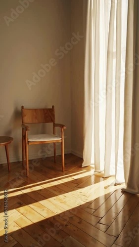 Sunlight Through Flowing Curtains in Minimalist Room