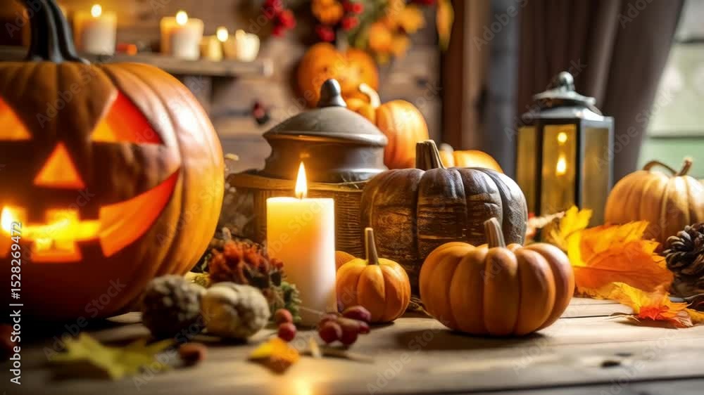 Festive Halloween display featuring carved pumpkins, lit candles, autumn leaves, and rustic wooden setting creates a warm, seasonal ambiance. Festive Halloween display featuring carved pumpkins, lit candles, autumn leaves, and rustic wooden setting creates a warm, seasonal ambiance.