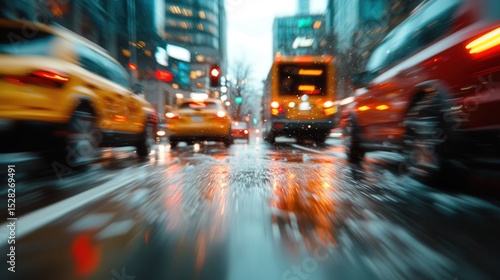 A busy urban scene featuring yellow taxis and vehicles moving through wet streets, capturing the vibrant essence of city life amidst a rainy atmosphere.