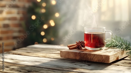 Fototapeta Naklejka Na Ścianę i Meble -  A steaming cup of warm spiced tea garnished with cinnamon sticks, perfect for cozy winter gatherings and moments of relaxation by the fire with a festive atmosphere.