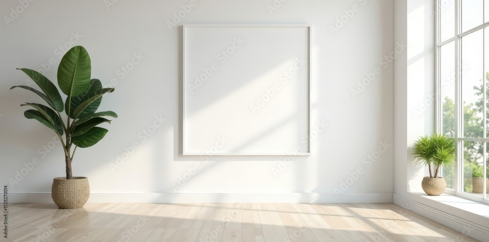 Fototapeta premium Clean white frame interior, minimalist gallery setting , modern, white frame, studio lighting